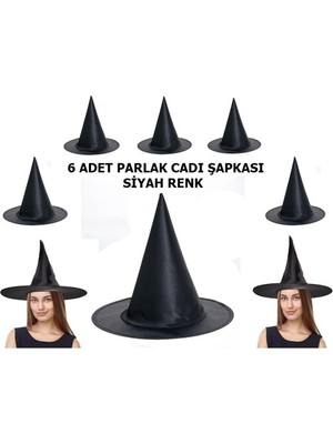İlkyaz Fashion Halloween Siyah Renk Parlak Dralon Cadı Şapkası Yetişkin ve Çocuk Uyumlu 6 Adet