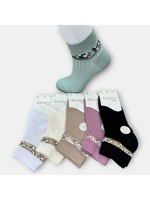 Anemon Socks Pamuklu Çiçek Desenli Taşlı Bayan Çorap 12 Çift
