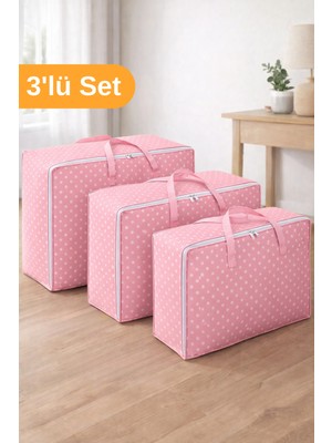 Serstil 3’lü Hurç Seti | Yorgan Yastık Kıyafet Saklama Çantası - Pembe Benekli