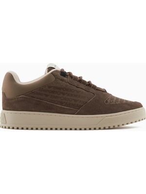 Emporio Armani Erkek %100 Sığır Derisi Logo Baskılı Süet Detaylı Kahverengi Sneaker X4X636 XR329-U570