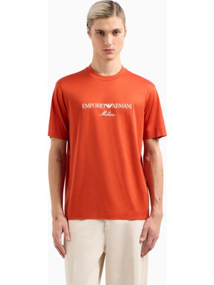 Emporio Armani Erkek Normal Kesim Yuvarlak Yaka Pamuklu Milano Baskılı Kısa Kollu Kırmızı T-Shirt EM001033 AF10017-M5030