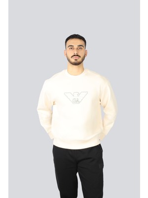 Emporio Armani Erkek Yuvarlak Yaka Regular Fit Dokuma Kumaş Baskılı Uzun Kollu Ekru Sweatshirt EM001052 AF10013-M1089