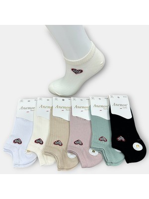 Anemon Socks Pamuklu Kalp Desenli Taşlı Bayan Çorap 12 Çift