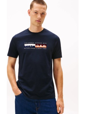 Tommy Hilfiger Erkek Regular Fit Yuvarlak Yakalı Logo Baskılı Pamuklu Kısa Kollu Lacivert T-Shirt MW0MW40014-DW5