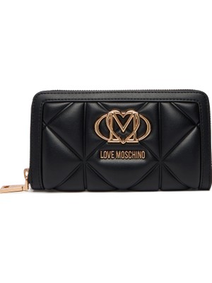 Love Moschino Kadın Deri Fermuar Kapama Nakit ve Kart Bölmeli Metal Logo Siyah Cüzdan JC5644PP0NLC0-000