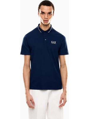 Erkek Regular Fit Esnek Pamuklu Pike Kumaş Yakası Desenli Ea7 Logolu Kısa Kollu Mavi Polo Yaka T-Shirt 7M000184 AF13511-UB107