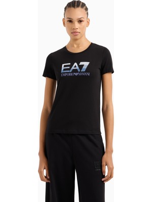 Kadın Normal Kalıp Ea7 Pul Logolu Yuvarlak Yaka Esnek Pamuklu Kısa Kollu Siyah T-Shirt 7W000183 AF10373-UC001