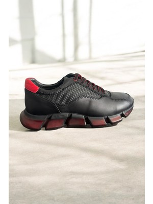 Zueofficial Erkek Hakiki Deri Kırmızı Eva Taban Siyah Deri Spor Ayakkabı