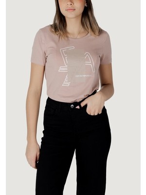 Kadın Esnek Pamuklu Kumaş Yuvarlak Yaka Ea7 Logolu Kısa Kollu Pembe T-Shirt 7W000187 AF10373-U4079
