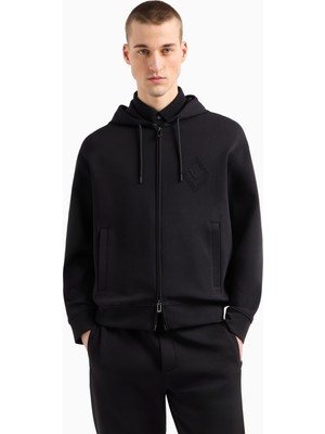 Emporio Armani Erkek Fermuarlı ve Kabartmalı Kartal Logolu Pamuklu Kapüşonlu Uzun Kollu Siyah Eşofman Üstü EM001122 AF10013-UC001