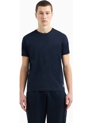 Erkek Omuzları Şerit Çizgili Ea7 Logolu Regular Fit Yuvarlak Yaka Kısa Kollu Mavi T-Shirt 7M000138 AF10375-UB102
