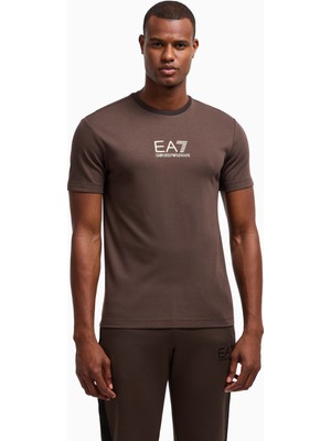 Erkek Slim Fit Yuvarlak Yakalı Gold Kaplamalı Kontrast Ea7 Logolu Kahverengi T-Shirt 7M000301 AF13739-U6139