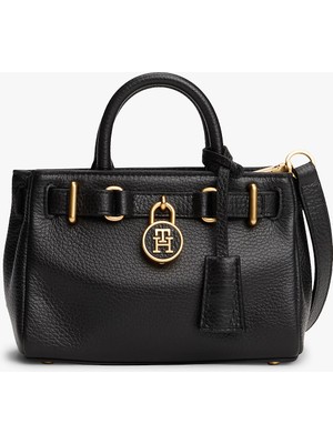 Tommy Hilfiger Kadın Deri Th Metal Logo Fermuar Kapama Siyah Omuz Çantası AW0AW18167-BDS