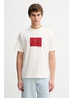Calvin Klein Erkek Regular Fit Yuvarlak Yakalı Logo Desenli Kısa Kollu Beyaz T-Shirt LV04RE832G-YBH