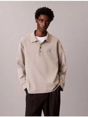 Calvin Klein Erkek Rahat Kalıp Ck Logo Işlemeli Pamuklu Uzun Kollu Haki Polo Yaka T-Shirt LV04LE212G-2GB
