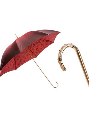 Pasotti Kırmızı Güller Desenli Şemsiye, Çift Katlı Kumaş Manuel Açma - %100 Polyester - İşlemeli Pirinç Sap Uzunluk: 93 Cm - Çap: 102 Cm