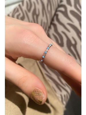 Spossy Silver Jewelry Mavi Mineli Taşlı Tam Tur Ince Yüzük