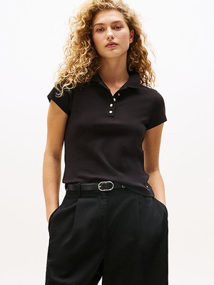 Tommy Hilfiger Kadın Slim Fit Gold Düğme Detaylı Esnek Pamuklu Kısa Kollu Siyah Polo Yaka T-Shirt WW0WW45768-BDS