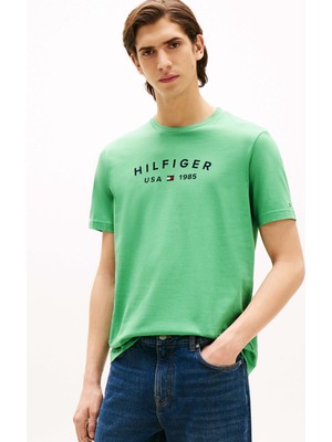 Erkek Kısa Kol Bisiklet Yaka Tommy Hilfiger Yazı Desen Slim Fit Yeşil T-Shirt MW0MW39356-L3J