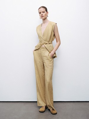 Nocturne Kadın Rahat Kalıp Çizgi Desenli Bol Paça Sarı Pantolon N25YN3363-VARYANT