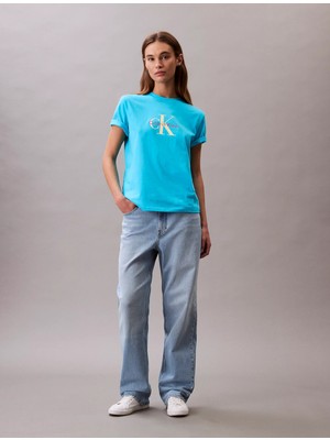 Calvin Klein Kadın Normal Kalıp Yuvarlak Yakalı %100 Pamuk Ck Logo Baskılı Kısa Kollu Mavi T-Shirt LV047B865G-XF7