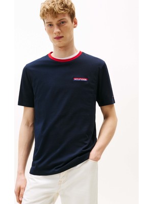 Erkek Kısa Kol Bisiklet Yaka Tommy Hilfiger Yazı Desen Slim Fit Mavi T-Shirt MW0MW39361-DW5
