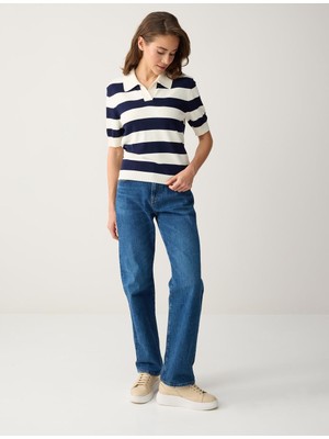 Jimmy Key Ekru Gömlek Yaka Kısa Kollu Çizgili Triko Bluz