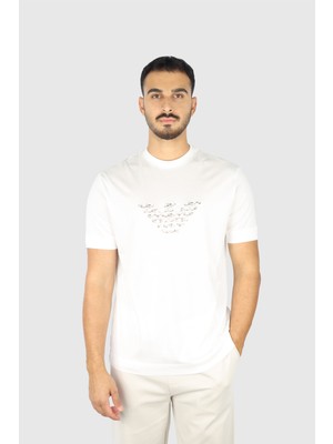 Emporio Armani Erkek Regular Fit Yuvarlak Yakalı Logo Işlemeli Pamuklu Kısa Kollu Beyaz T-Shirt EM003007 AF18312-U0003