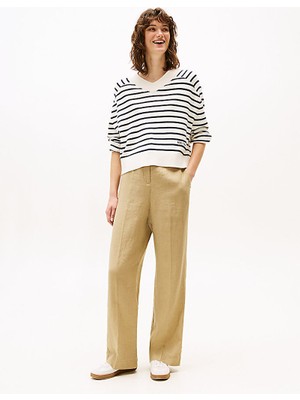 Tommy Hilfiger Kadın Yüksek Bel Geniş Paça Cep Detay Rahat Düz Model Bej Pantolon WW0WW46823-AEH