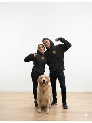 Muhtar Store Sevgililer Günü Özel Golden Retriever Figürlü Unisex Siyah Hoodie – Patili Aşk Temalı Kapüşonlu Sweatshirt