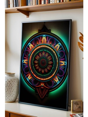 E2 Nova Neon Geometrik Mandala Çerçeveli Tablo - Lüks Modern Fütüristik Duvar Dekoru Antrasit Sanat Eseri
