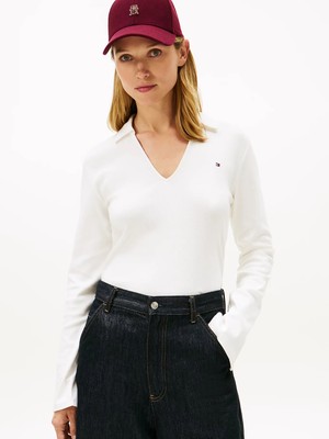 Tommy Hilfiger Kadın Marka Logolu Polo Yakalı Beyaz Polo Yaka T-Shirt WW0WW47850-YBL