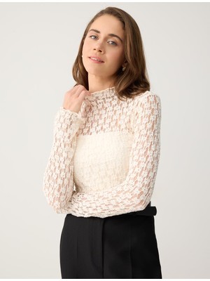 Jimmy Key Beyaz Dar Kesim Uzun Kollu Dantelli Örme Bluz