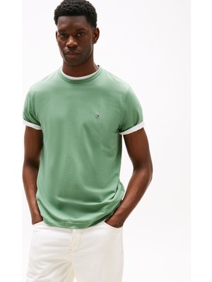 Erkek Kısa Kol Bisiklet Yaka Tommy Hilfiger Yazı Desen Slim Fit Yeşil T-Shirt MW0MW37313-L0M