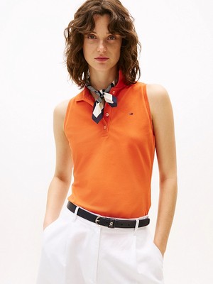 Tommy Hilfiger Kadın Polo Yaka Düğme Kapama Sıfır Kol Turuncu Polo Yaka T-Shirt WW0WW46790-SCX