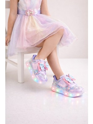 Minibonito Kız Çocuk Kurdele Detay Simli LED Taban Spor Ayakkabı