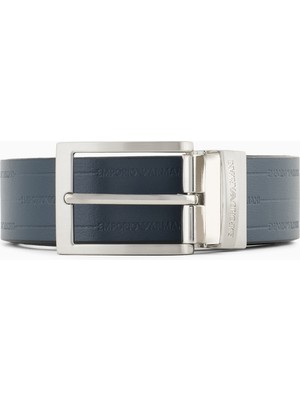Emporio Armani Erkek Hakiki Deri Üsüne Kabartma Logolu Metal Tokalı Lacivert Kemer EM001772 AF15136-MB084