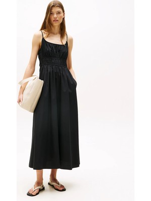 Tommy Hilfiger Kadın Pamuklu Fırfırlı Korse Detaylı Uzun Siyah Elbise WW0WW45800-BDS