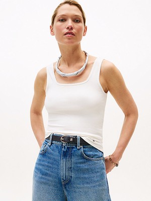 Tommy Hilfiger Kadın Askılı Kare Yaka Standart Boy Slim Fit Beyaz T-Shirt WW0WW45444-YBL