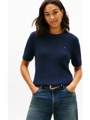 Tommy Hilfiger Kadın Saf Pamuklu Yuvarlak Yakalı Kısa Kollu Lacivert Kazak WW0WW48793-C1G