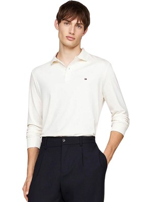 Tommy Hilfiger Erkek %100 Pamuklu Normal Kesim Uzun Kollu Ekru Polo Yaka T-Shirt MW0MW37317-Z00