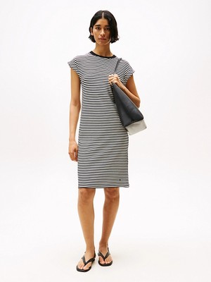 Tommy Hilfiger Kadın Bisiklet Yaka Diz Üstü Çizgili Dar Kesim Siyah Elbise WW0WW45804-0AP