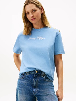 Tommy Hilfiger Kadın Logolu Kısa Kollu Pamuklu Açık Mavi T-Shirt WW0WW47819-C33