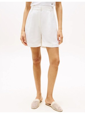 Tommy Hilfiger Kadın Normal Kalıp Dokuma Kumaş Kısa Beyaz Şort WW0WW47213-Z00