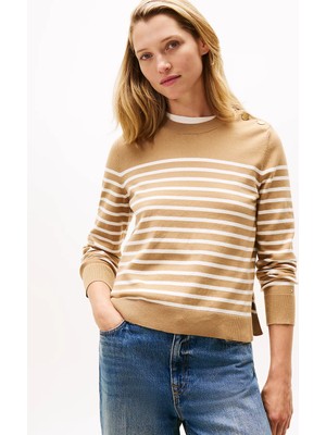 Tommy Hilfiger Kadın Saf Pamuklu Normal Kalıp Çizgili Gold Düğme Detaylı Uzun Kollu Örgü Bej Kazak WW0WW47305-0AF