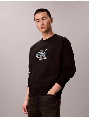 Calvin Klein Erkek Ck Yazı Desen Uzun Kol Pamuklu Bisiklet Yaka Siyah Sweatshirt LV04RE200G-UB1