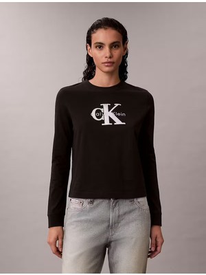 Calvin Klein Kadın Regular Fit %100 Pamuklu Yuvarlak Yakalı Logo Işlemeli Uzun Kollu Siyah T-Shirt LV047E820G-UB1
