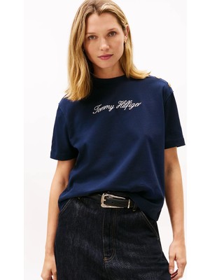 Tommy Hilfiger Kadın Logolu Kısa Kollu Pamuklu Lacivert T-Shirt WW0WW47819-C1G