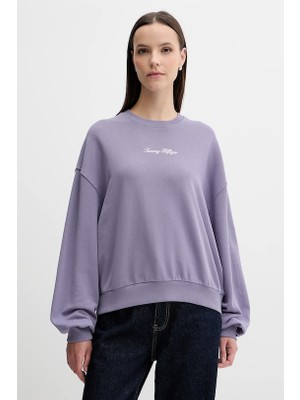 Tommy Hilfiger Kadın Pamuklu Rahat Kalıp Yuvarlak Yakalı Düşük Omuzlu Mor Sweatshirt WW0WW48269-W0G