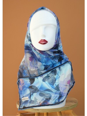 Sinem Monalisa El Dikişli Dijital Soft Pamuk Eşarp Mavi